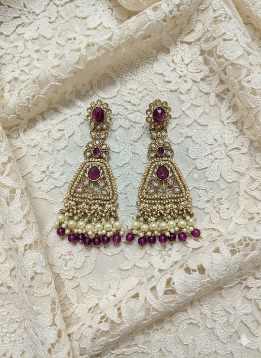 Royal Purple Drop Dangles with Pearl Clusters Earring